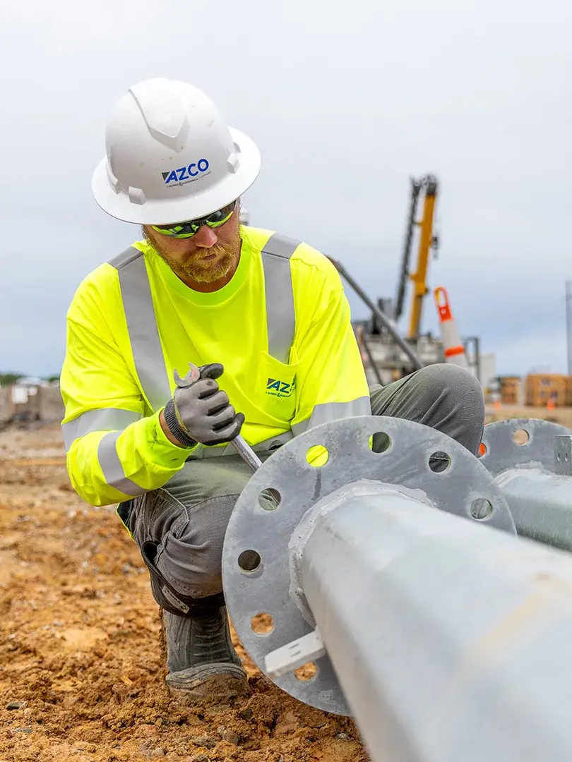 Construction worker focused on pole base